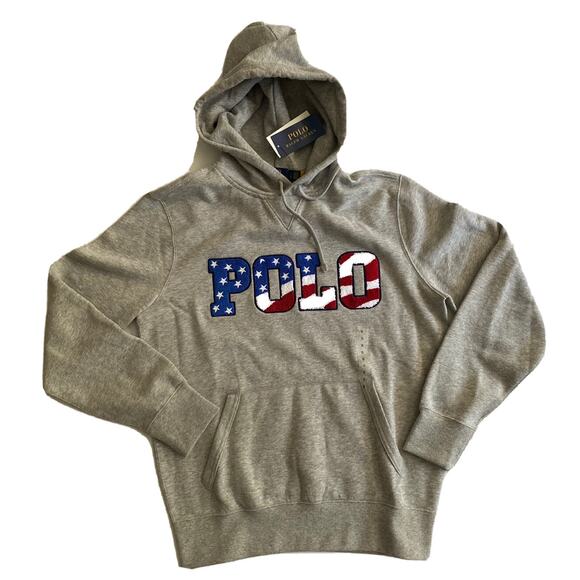 Polo Ralph Lauren USA Logo Long Sleeve Fleece Hoodie Gray Small NWT $198 - Picture 1 of 9